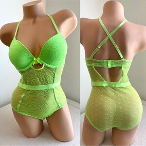 French Affair Neon Green Lace Bodysuit Teddy push-up bra Lingerie Intimates